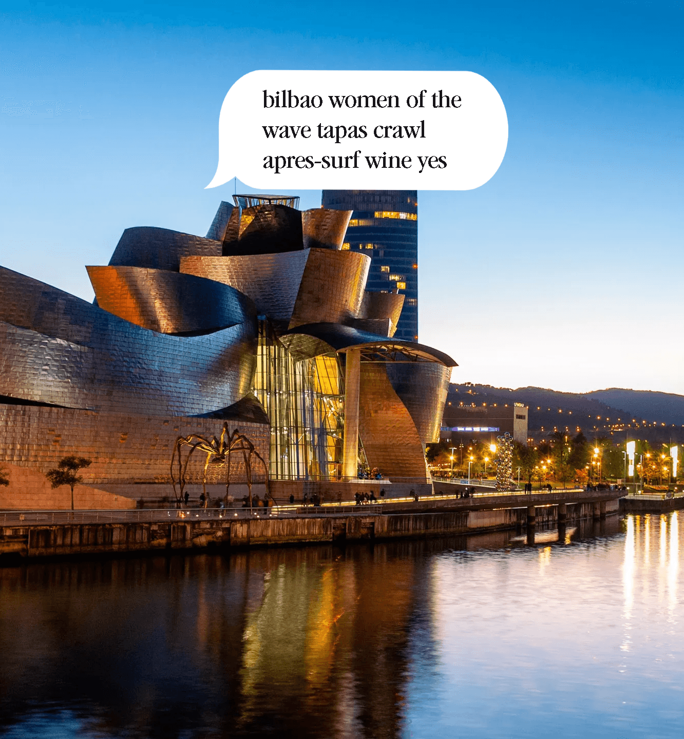 photo of bilba with the text: bilbao women of the wave tapas crawl apres-surf wine yes