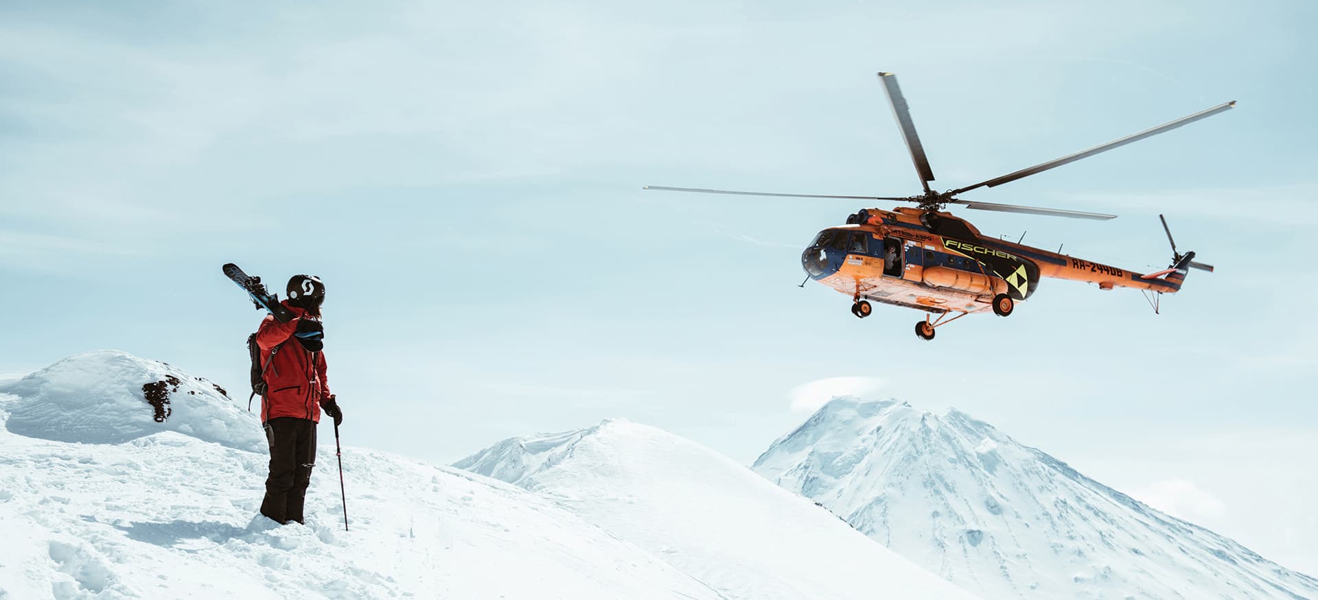 Man ready for Heli-skiing in Kamchatka 