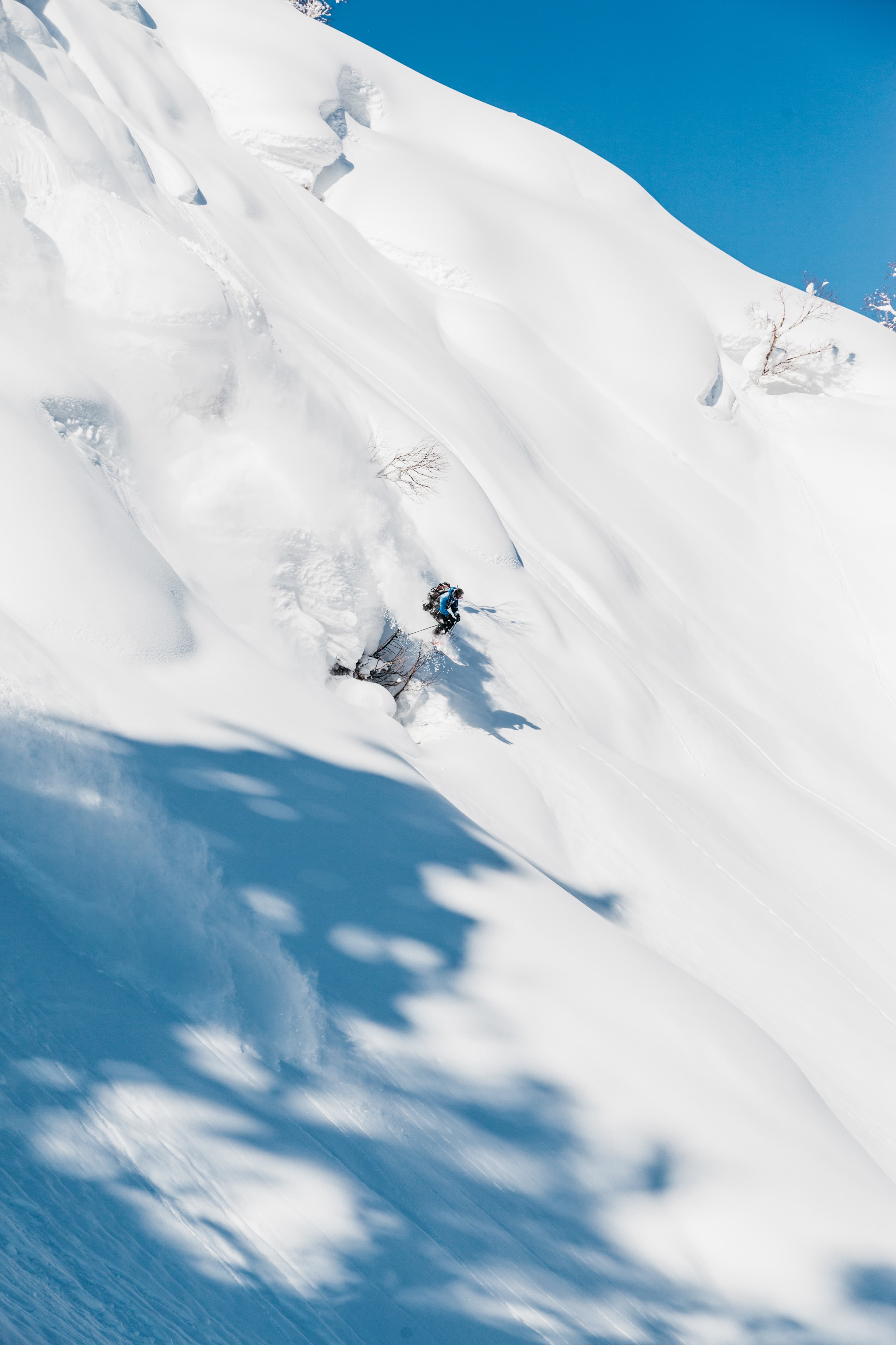 Skier jumping in the fresh powder snow in Niseko