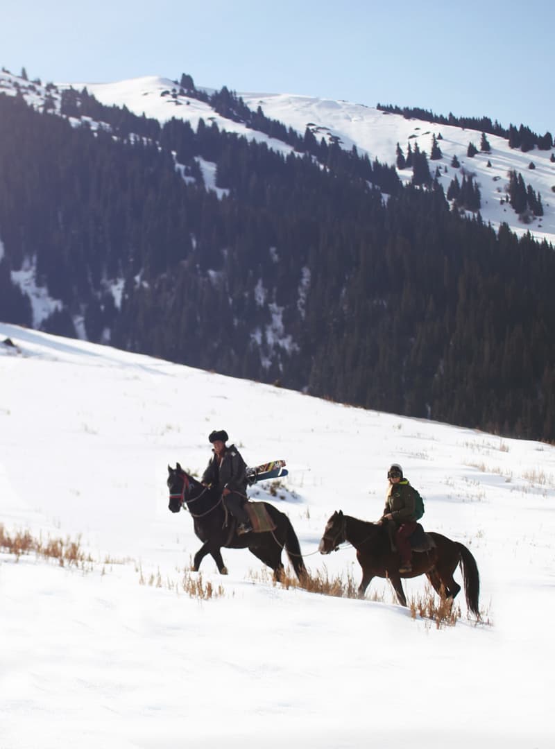 Hiking mountains in horse backs and skis.