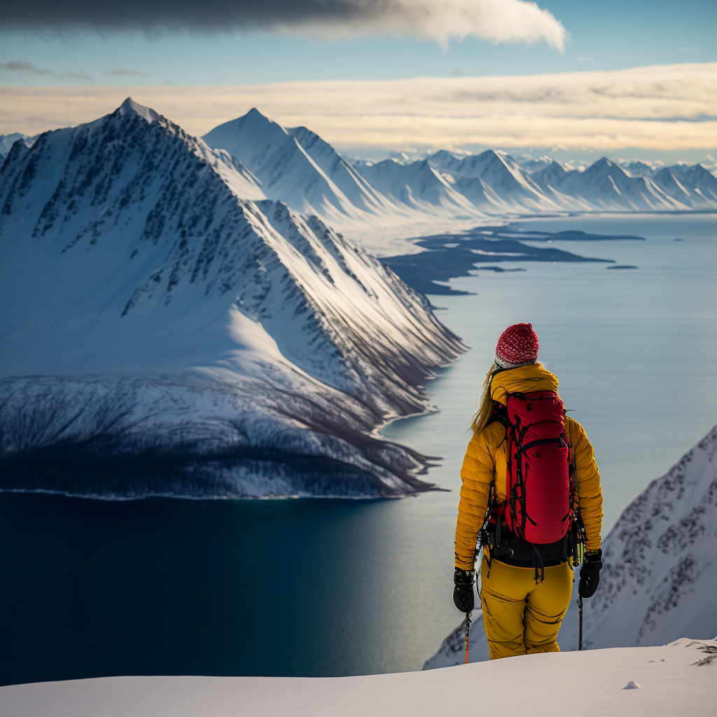 Girl skiing in the Lyngen Alps with the ocean in the background
