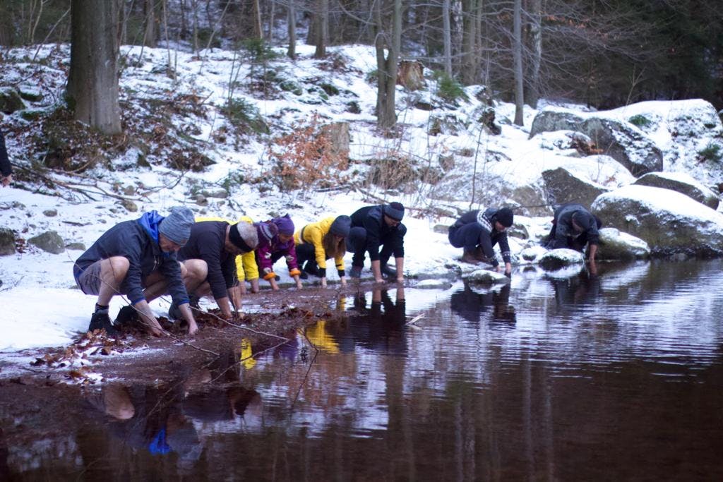 Group of friends putting their hands under icy waters in Poland. 