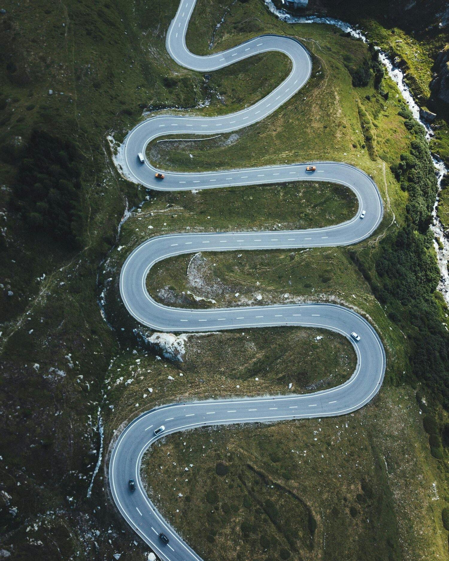 Zig zag roads in Iceland from a drone view