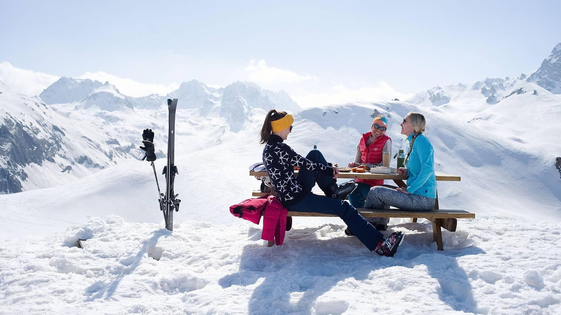 3 girls Enjoying a picnic in the mountains of Chamonix