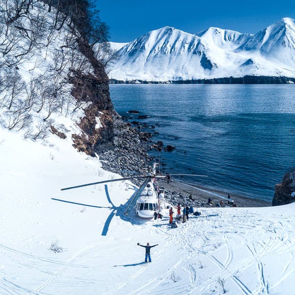 Heli at the water in Kamchatka picking up the skiers
