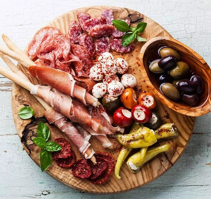 Italian Food  in photo with olives and parma ham